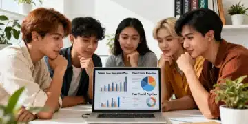 Young adults analyzing student loan repayment changes on a laptop.