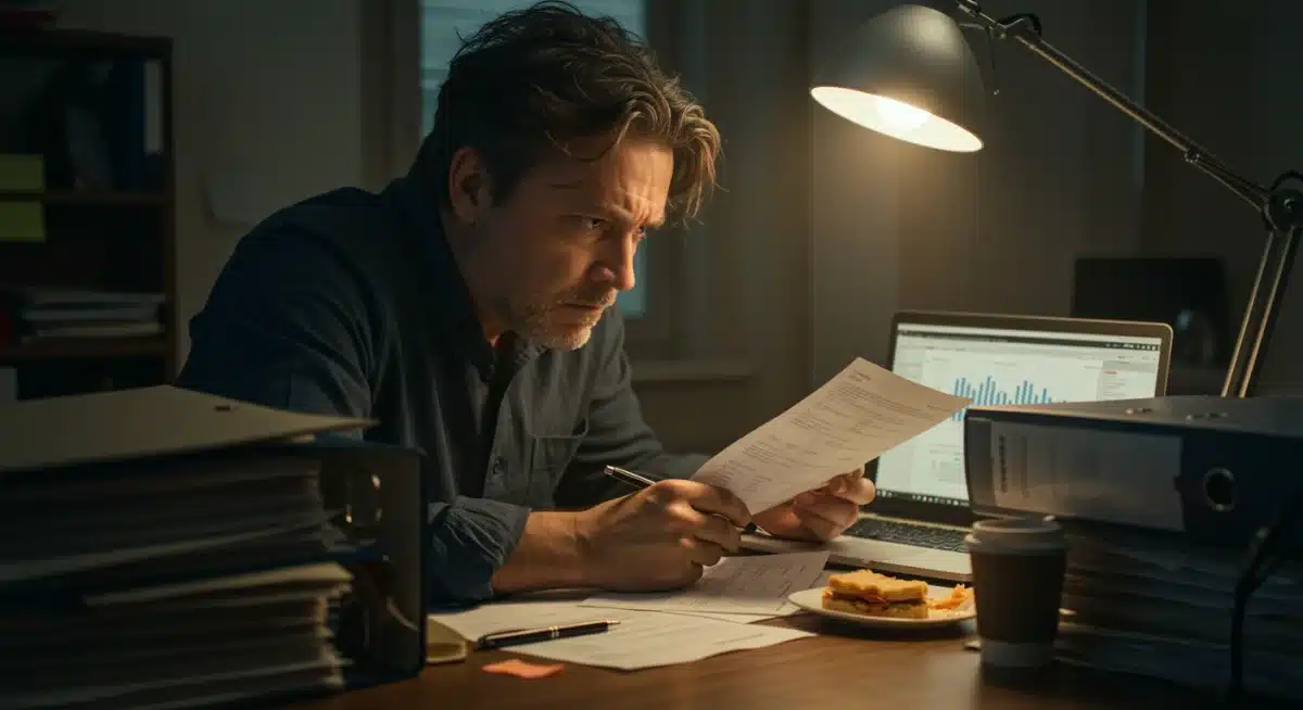Stressed person reviewing financial documents for tax audit preparation