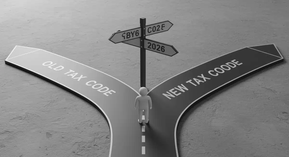 Fork in the road with 'Old Tax Code' and 'New Tax Code' signs, representing a strategic shift.