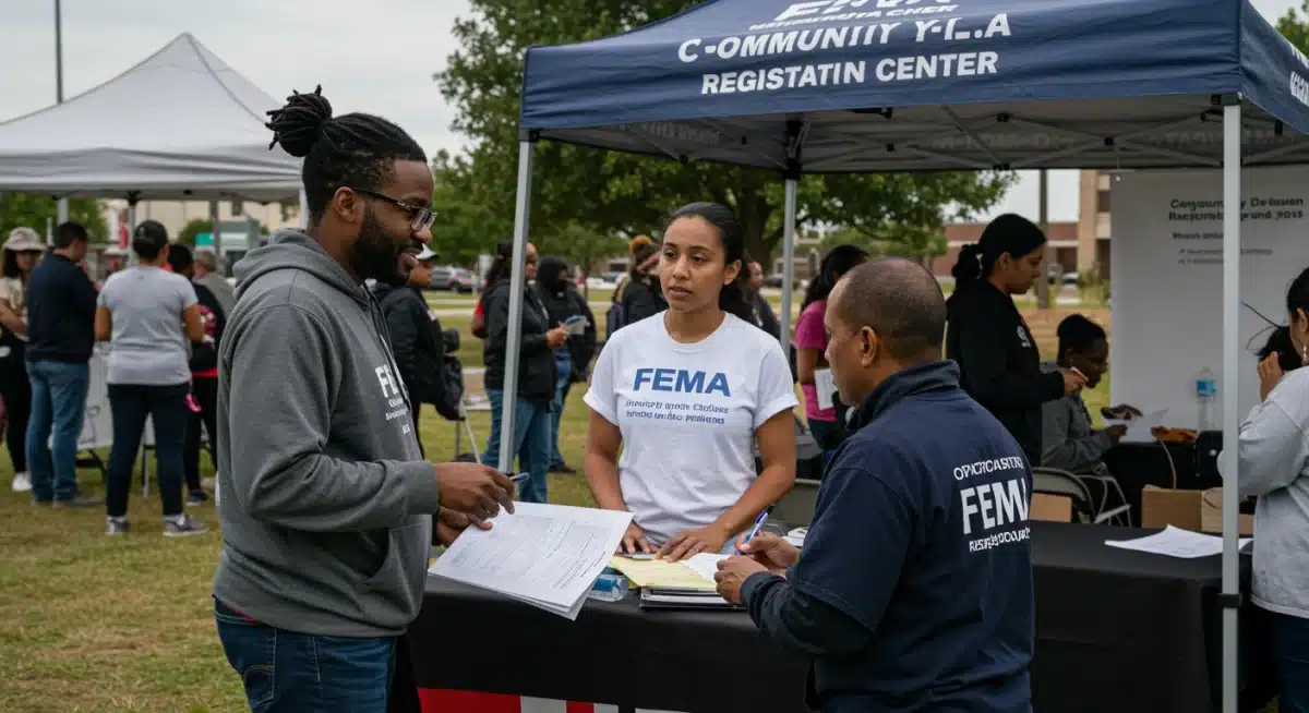 Community member receiving assistance and guidance at a FEMA disaster relief registration center.
