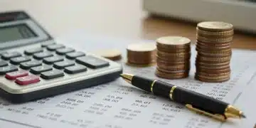 Calculator, pen, and coins on a financial document representing 2026 HSA contribution limits and financial planning.