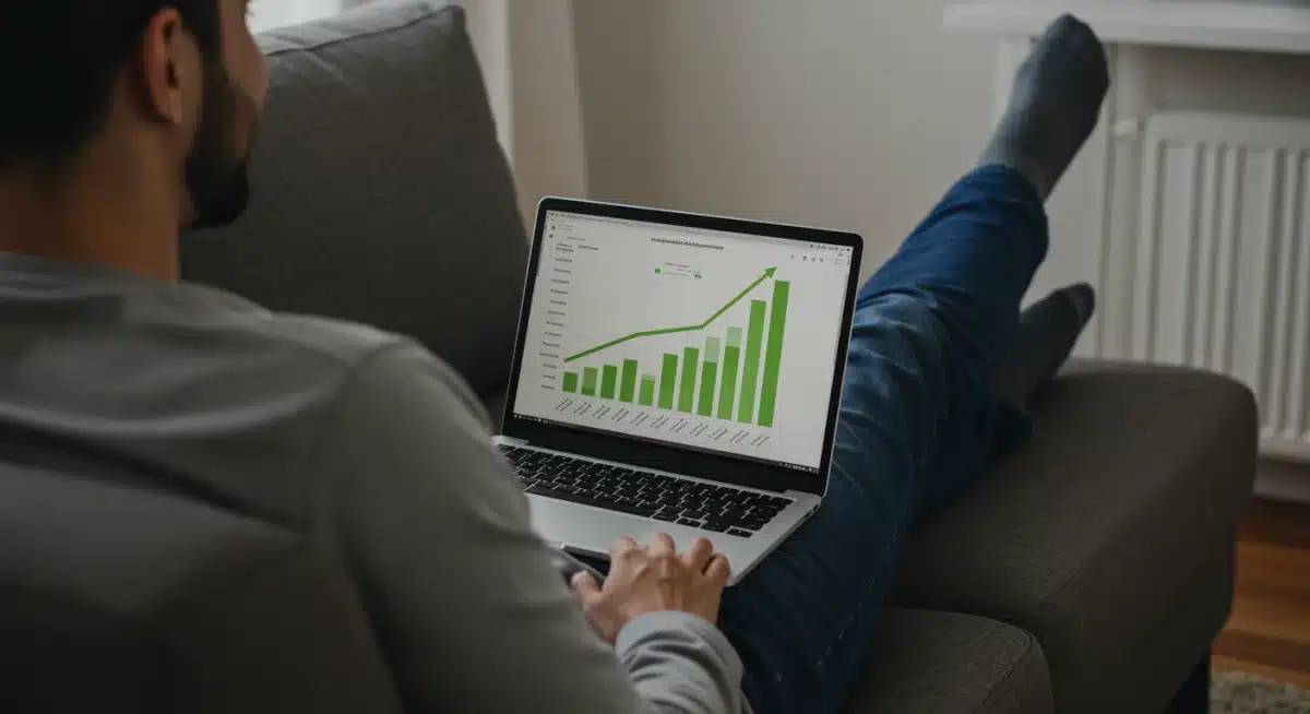 Relaxed person viewing automated investment portfolio on laptop.