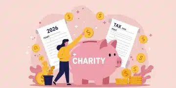 Person making a charitable donation into a piggy bank with tax forms, symbolizing 2026 tax savings.