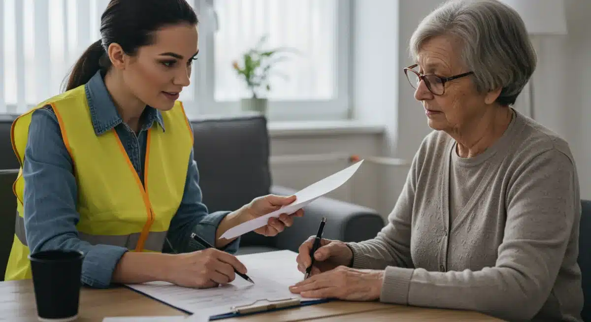 Community worker helping elderly with LIHEAP form