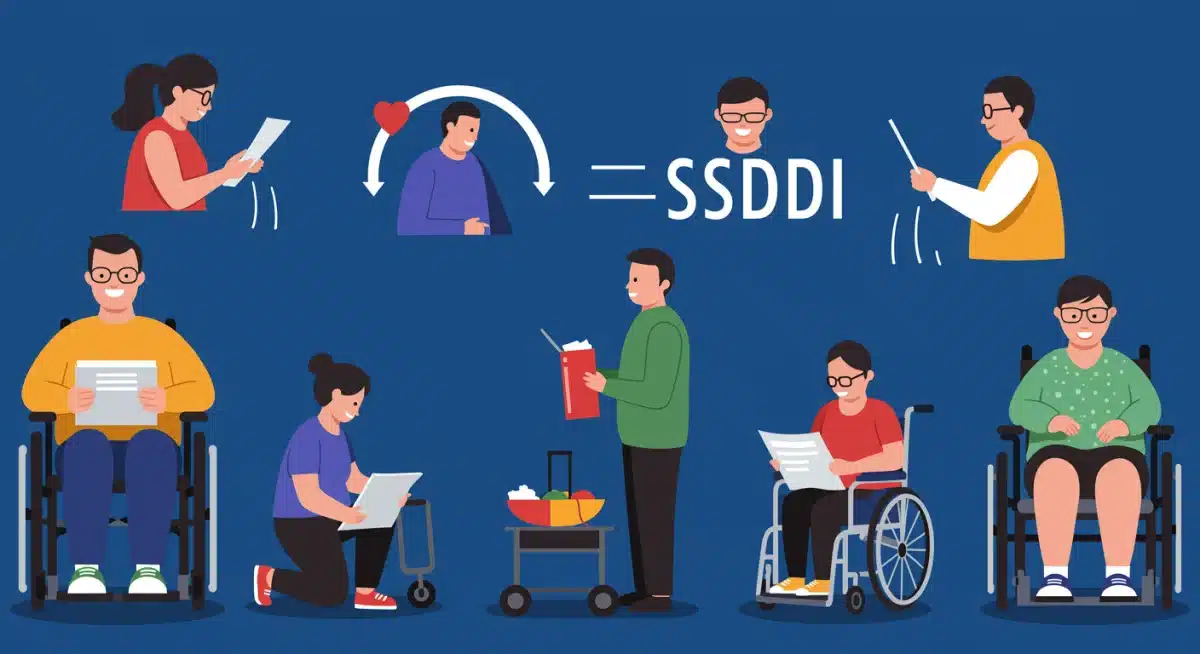 Diverse group of disability benefit recipients in a supportive community setting.