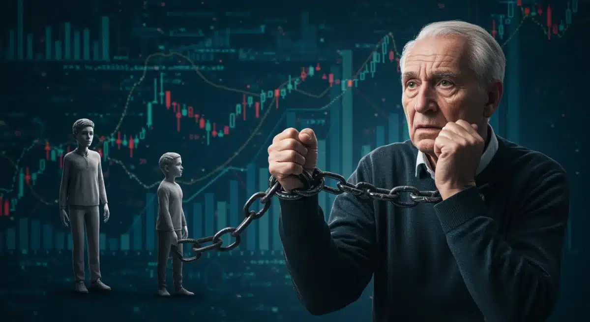 Generational burden of national debt illustrated with an older person and a child, representing future economic challenges.