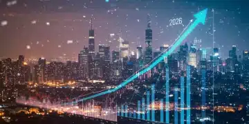 Digital cityscape representing technological innovation and economic growth in the US by 2026.