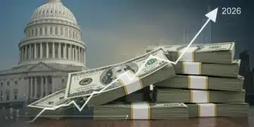 Illustration of growing US national debt reaching $35 trillion by 2026, with financial charts and the US Capitol.