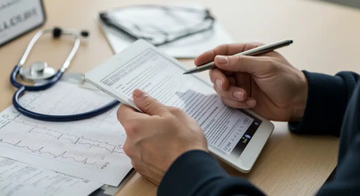 Veteran reviewing healthcare documents on a tablet, symbolizing access to healthcare benefits.
