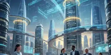 Futuristic labor market with diverse professionals and digital data