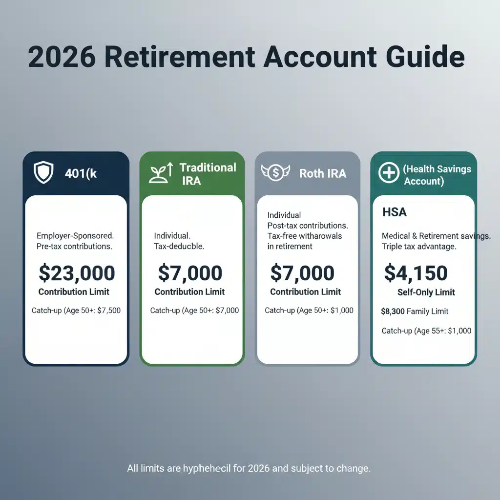 Infographic detailing 2026 retirement account contribution limits for 401(k), IRA, Roth IRA, and HSA.