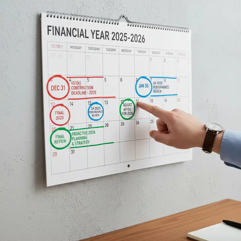 Calendar highlighting important 401k contribution deadlines and review dates