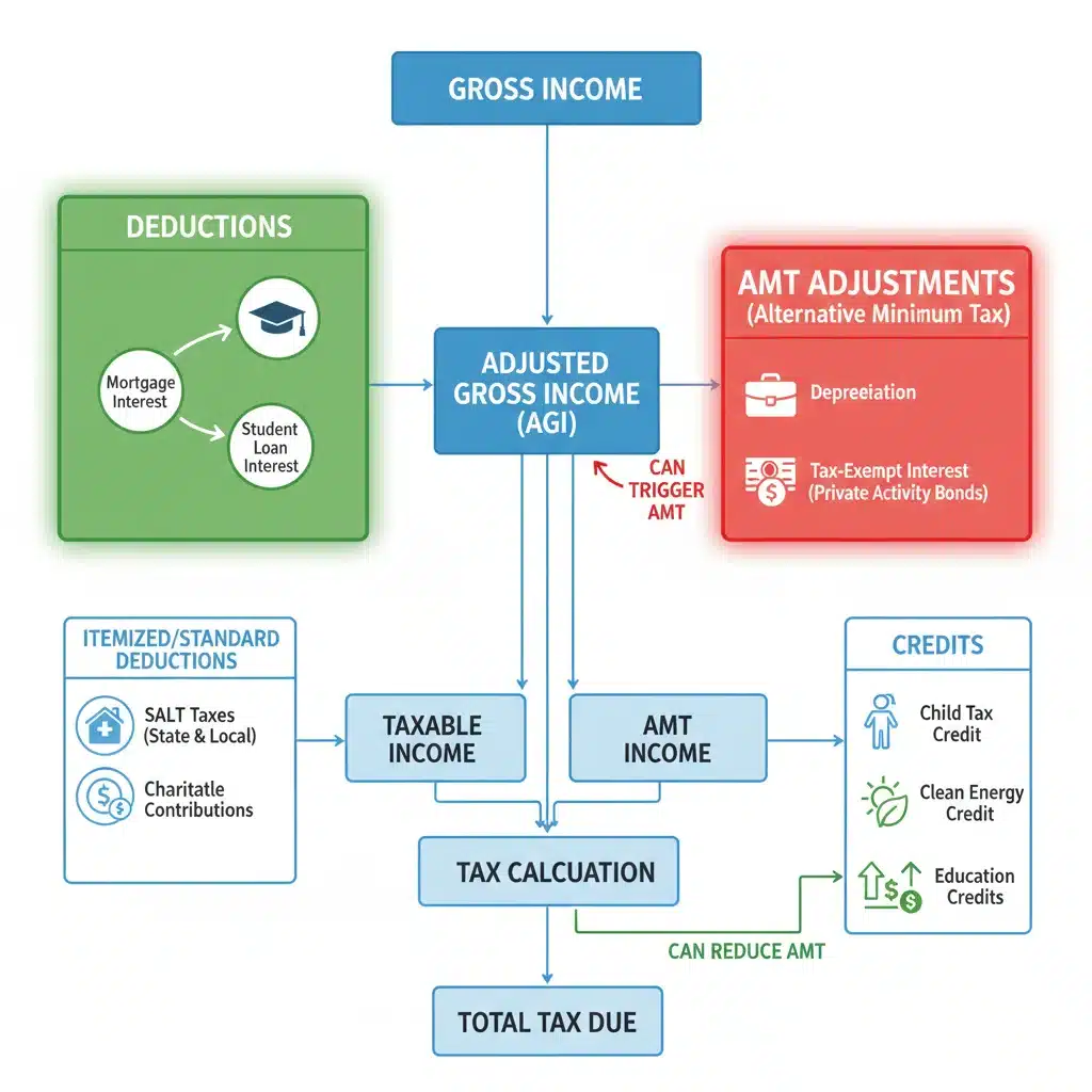 Infographic explaining AMT adjustments and common triggers