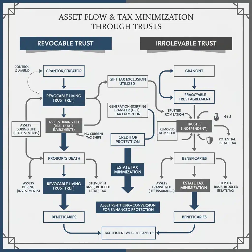 Diagram showing asset flow through different trust structures for tax reduction