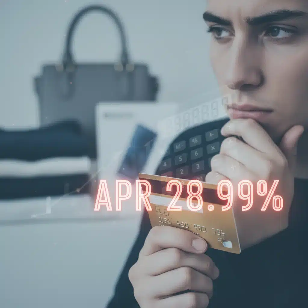 Person holding credit card, hesitant to purchase due to higher rates