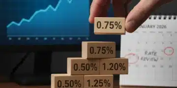 Hand placing 0.75% block on rising interest rates stack, 2026 calendar