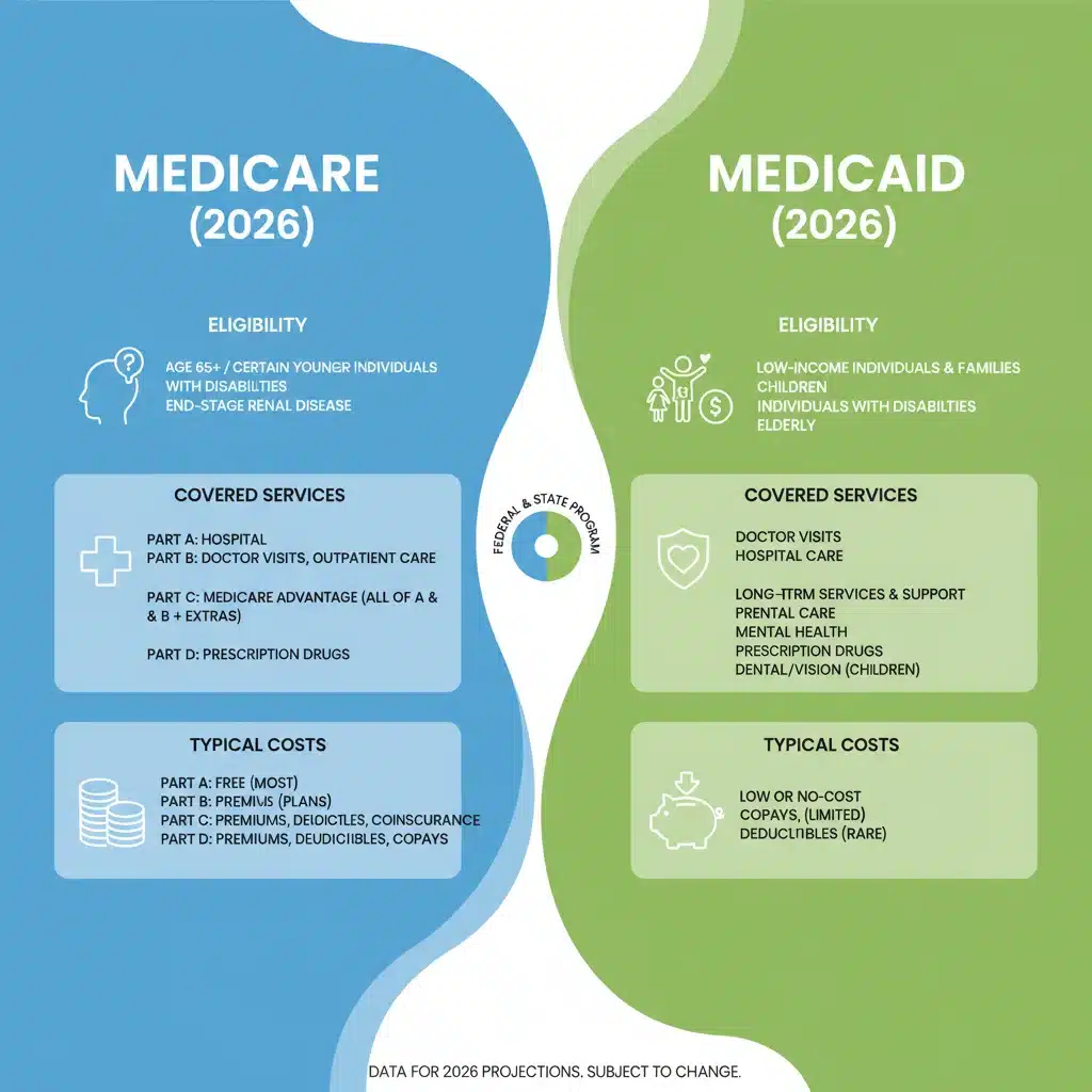 Infographic comparing Medicare and Medicaid eligibility and benefits for 2026