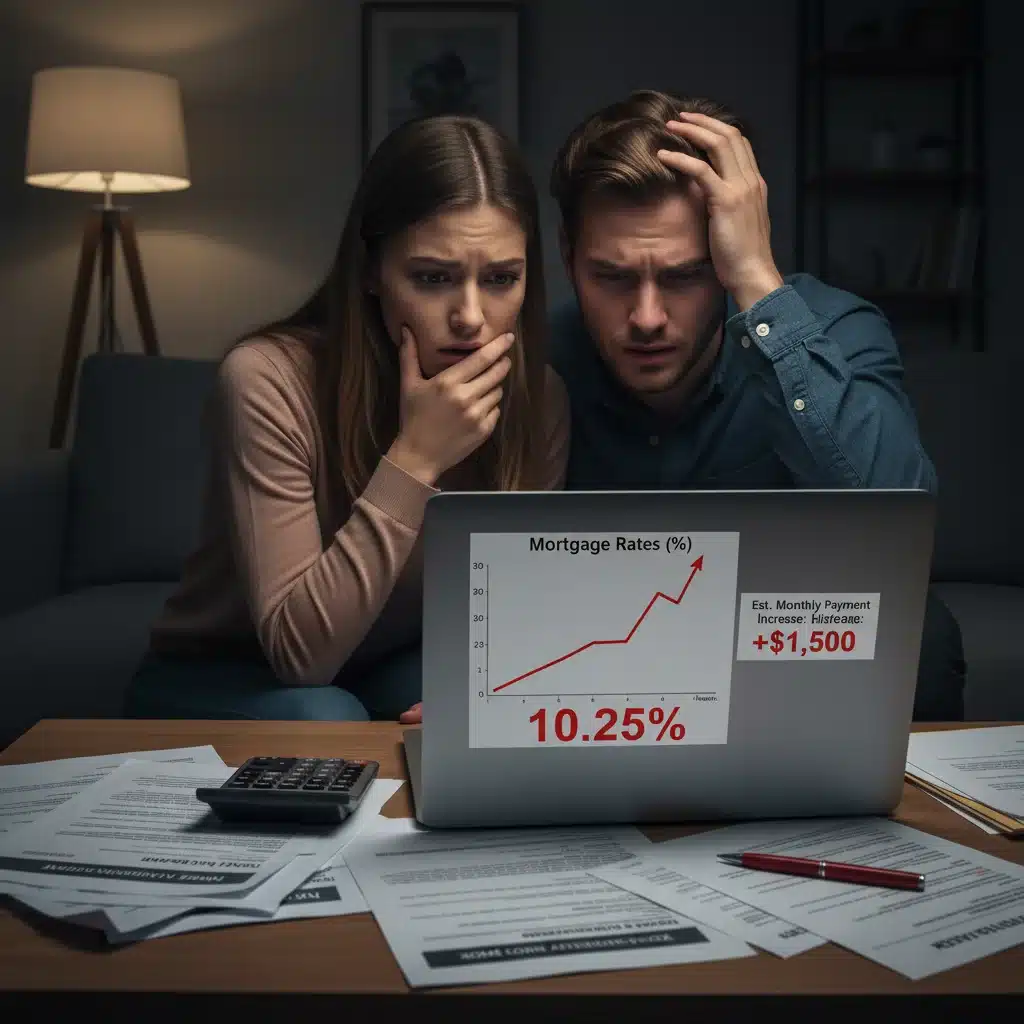 Couple analyzing rising mortgage rates on laptop