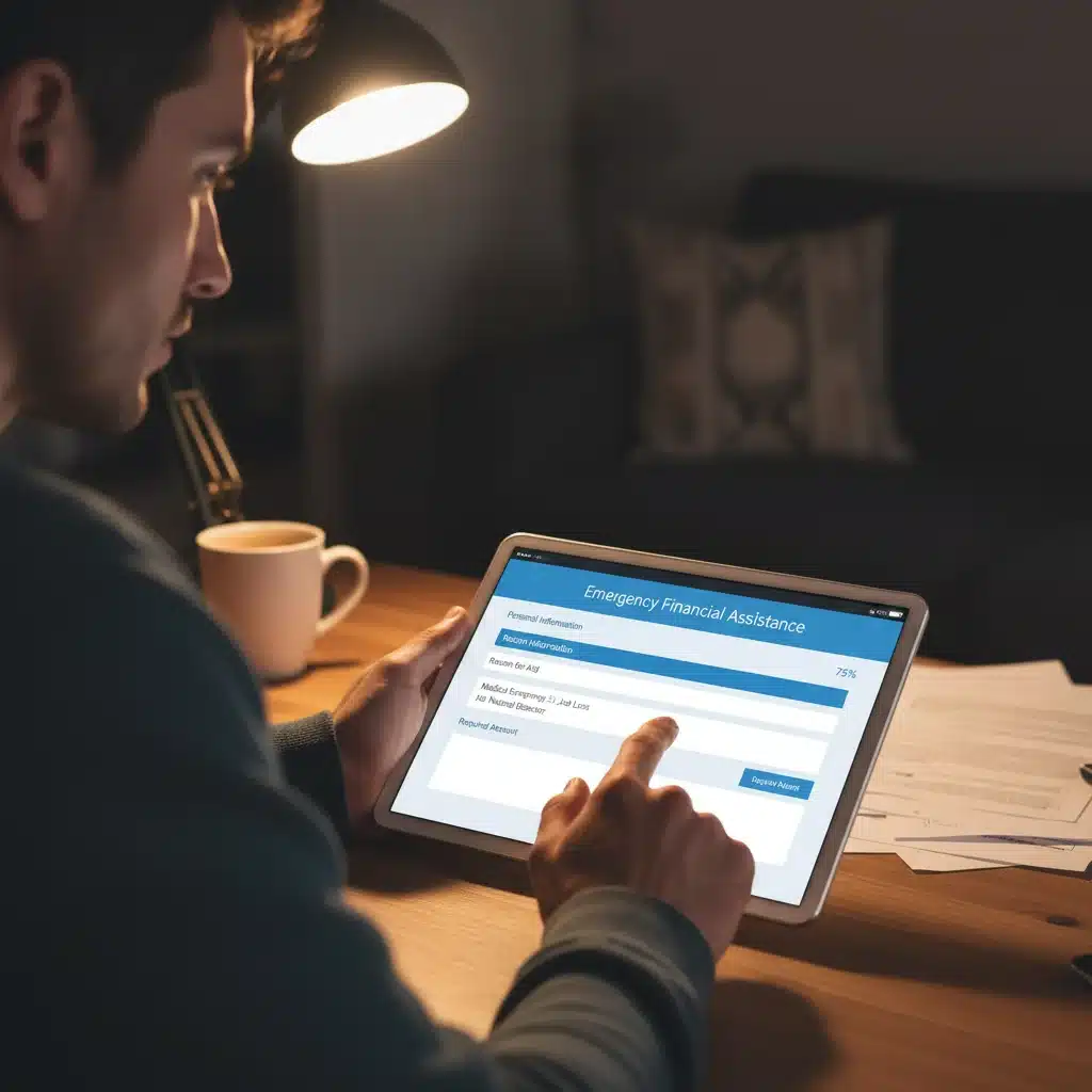 Person completing an online application for emergency financial aid on a tablet.