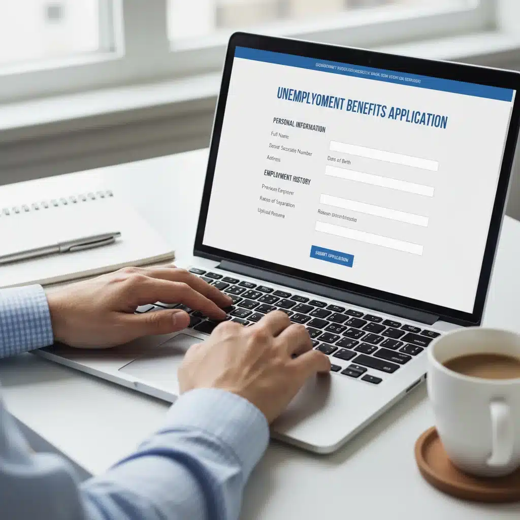 Hands filling out online unemployment application form