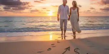 Couple enjoying a serene beach sunset, symbolizing a secure and happy retirement achieved through careful 2026 retirement contributions.