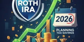 Financial graph showing growth with Roth IRA logo and 2026 calendar, symbolizing future tax savings.