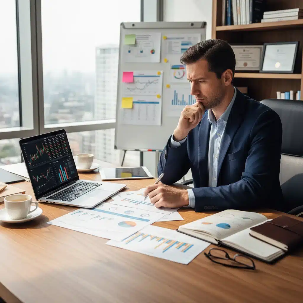 Individual thoughtfully reviewing financial documents and charts for retirement planning.