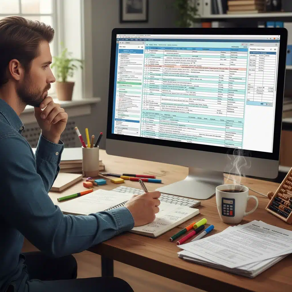Person reviewing complex tax forms and financial data on a computer screen