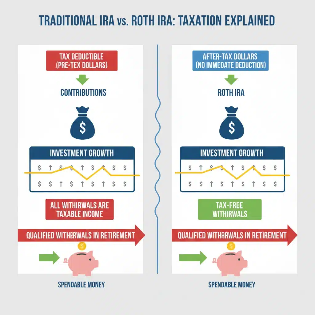 Infographic comparing traditional IRA and Roth IRA tax treatments.