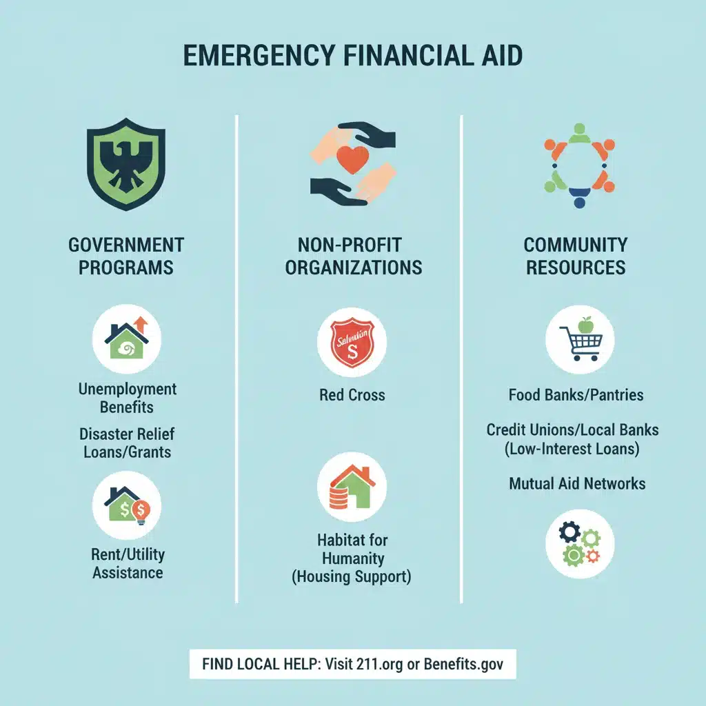 Infographic detailing various types of emergency financial aid programs and resources.