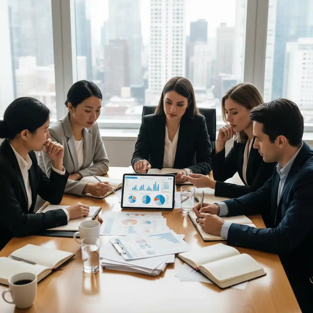Team collaborating on tax strategy and financial planning in an office.