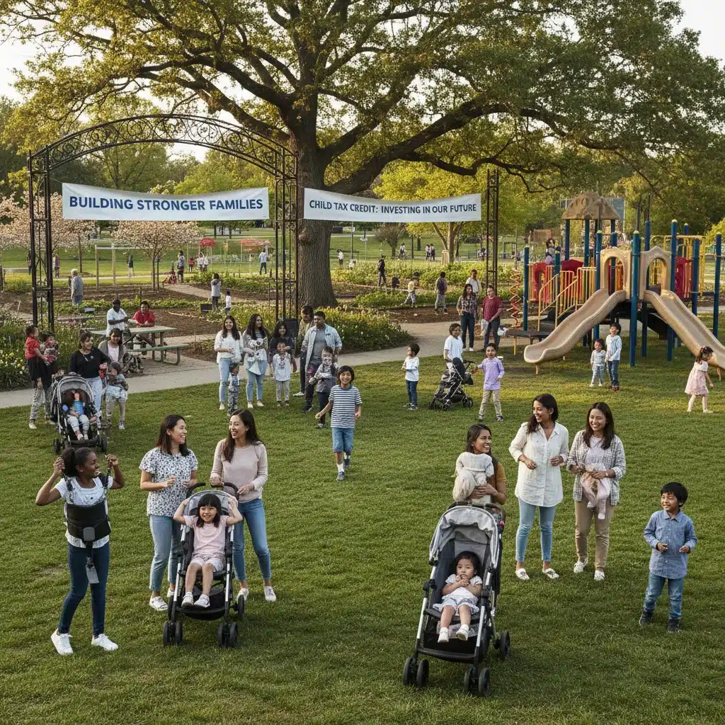Diverse families and children in a community setting, representing broad impact.