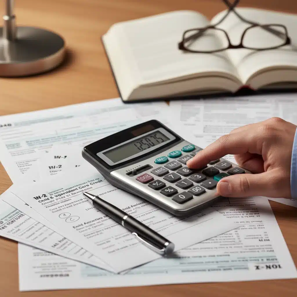Hand using a calculator with tax documents, illustrating financial planning.
