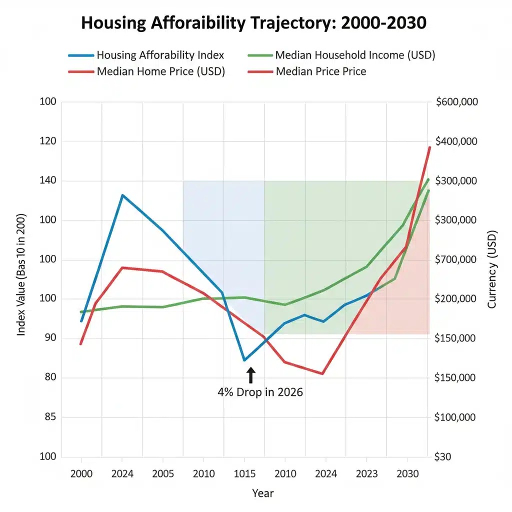 Graph illustrating projected 4% shift in housing affordability index for 2026, showing income versus home prices.