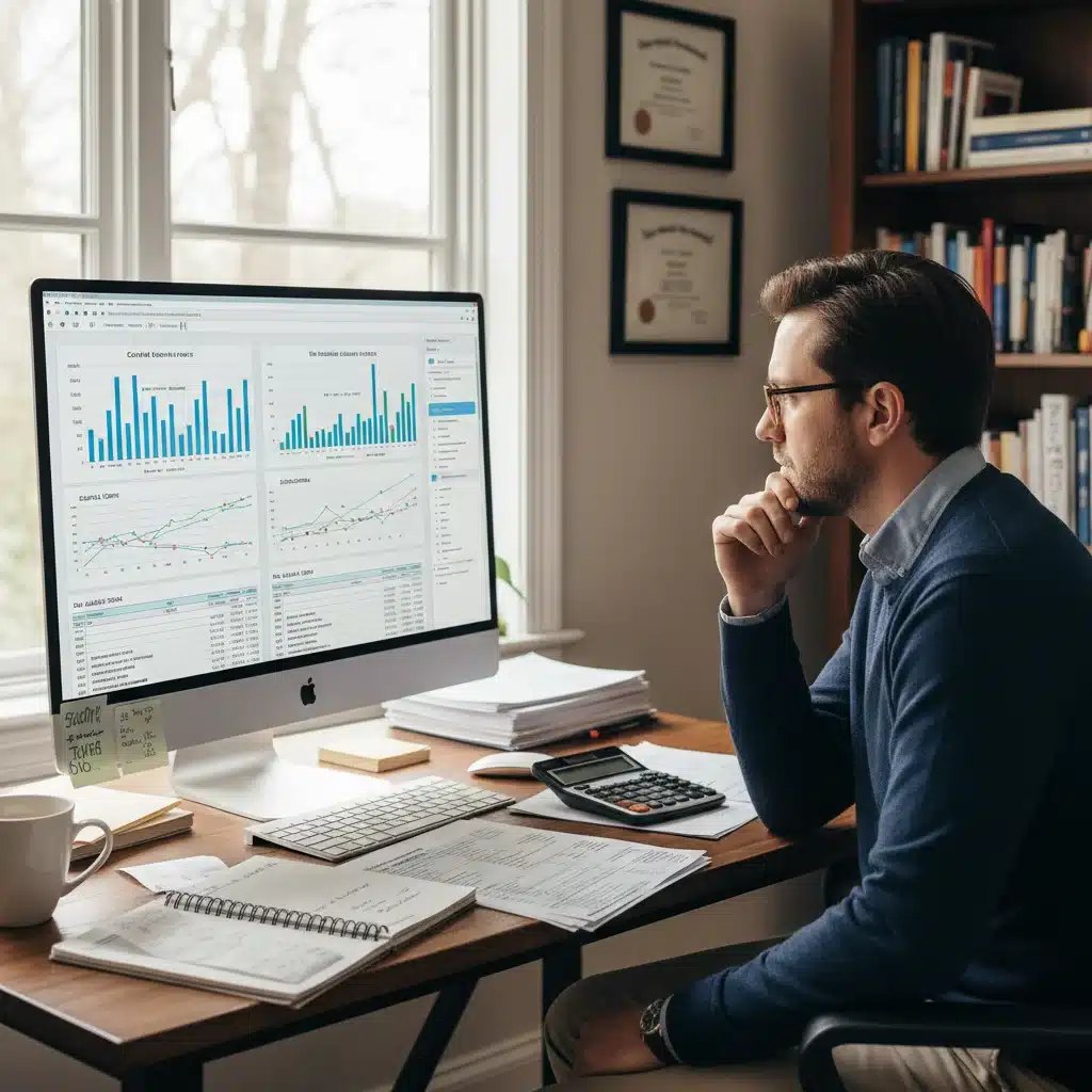 Individual analyzing financial data on computer for tax planning.