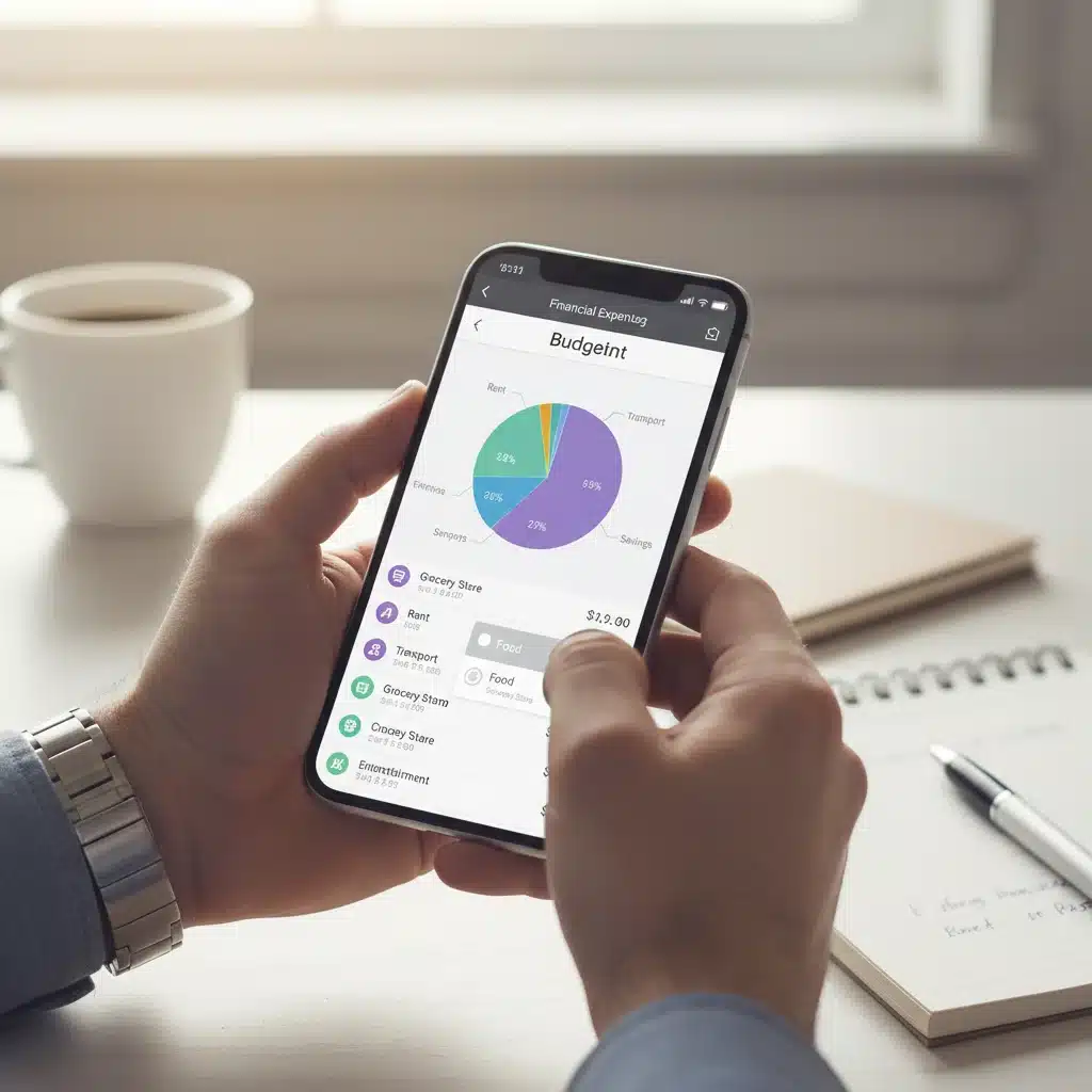 Hands using a mobile budgeting application to track expenses