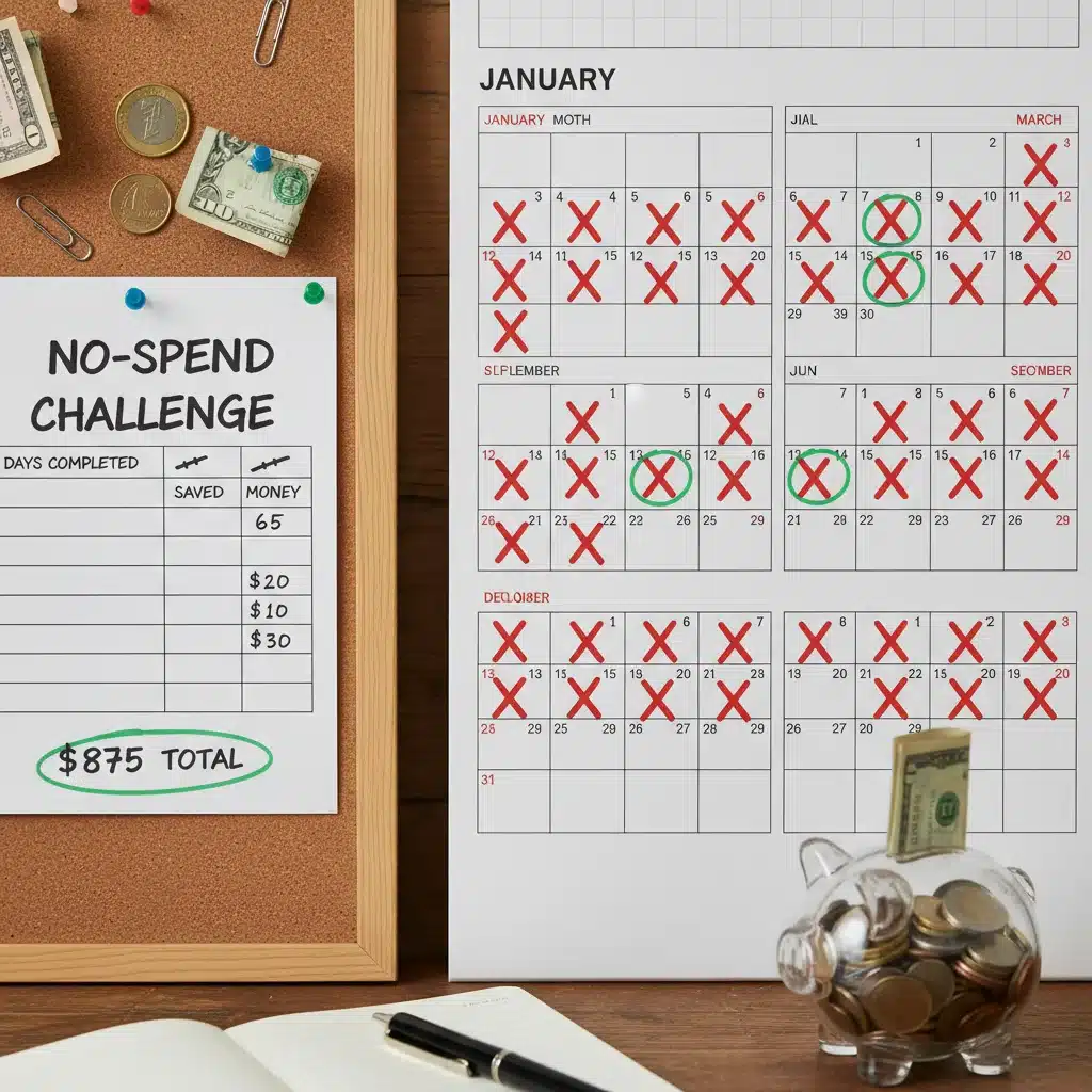 Calendar illustrating a no-spend challenge with accumulated savings