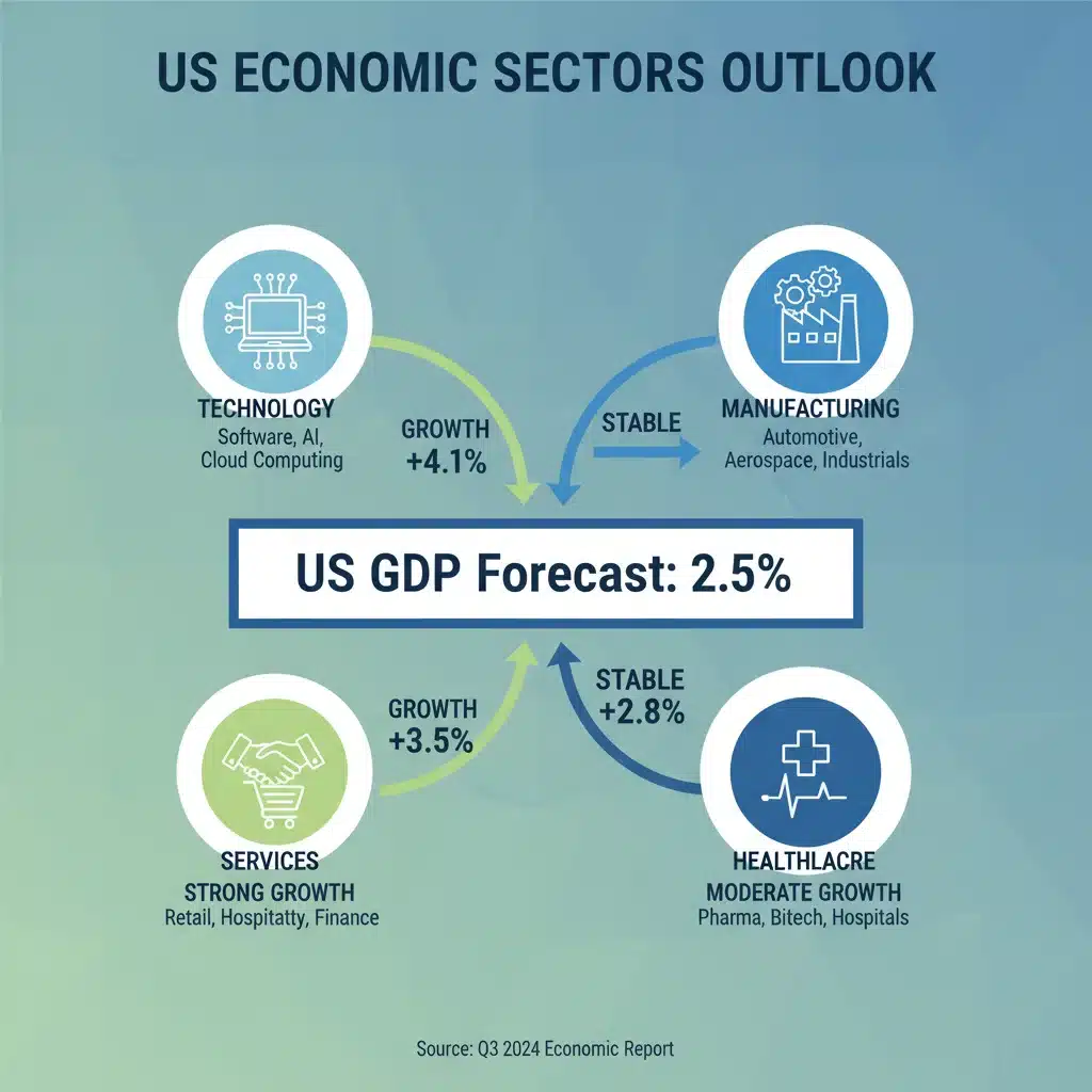 Infographic illustrating sector-specific impacts of 2.5% US GDP growth in 2026.