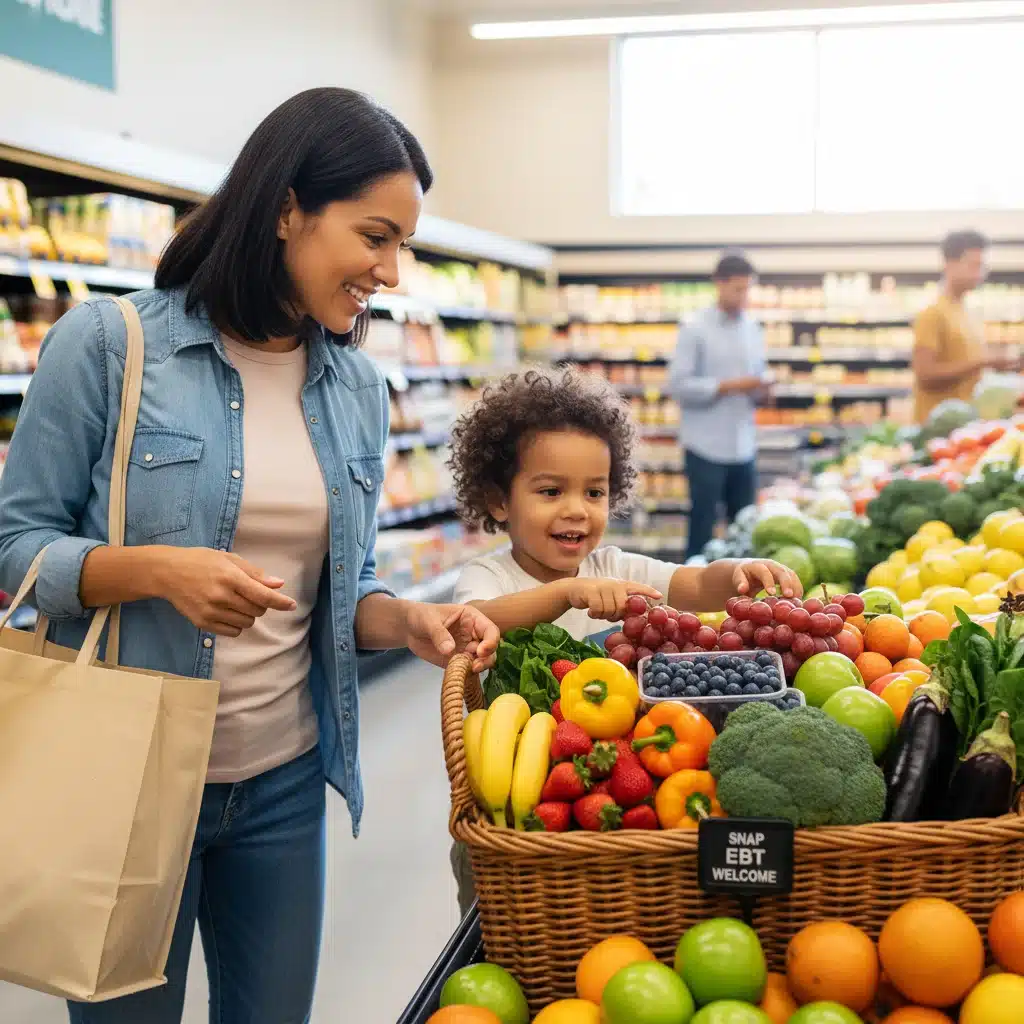 Parent and child choosing healthy food with SNAP benefits