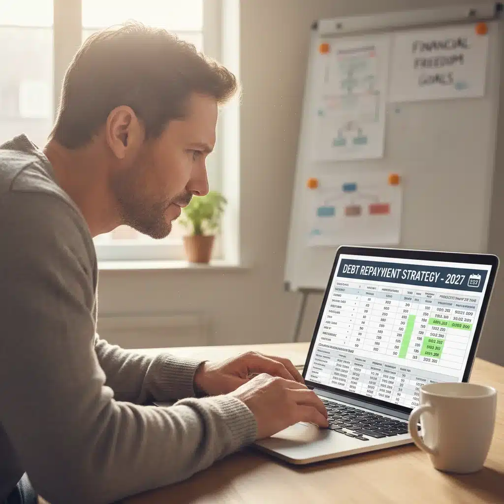 Individual analyzing debt on a spreadsheet for 2027 financial planning