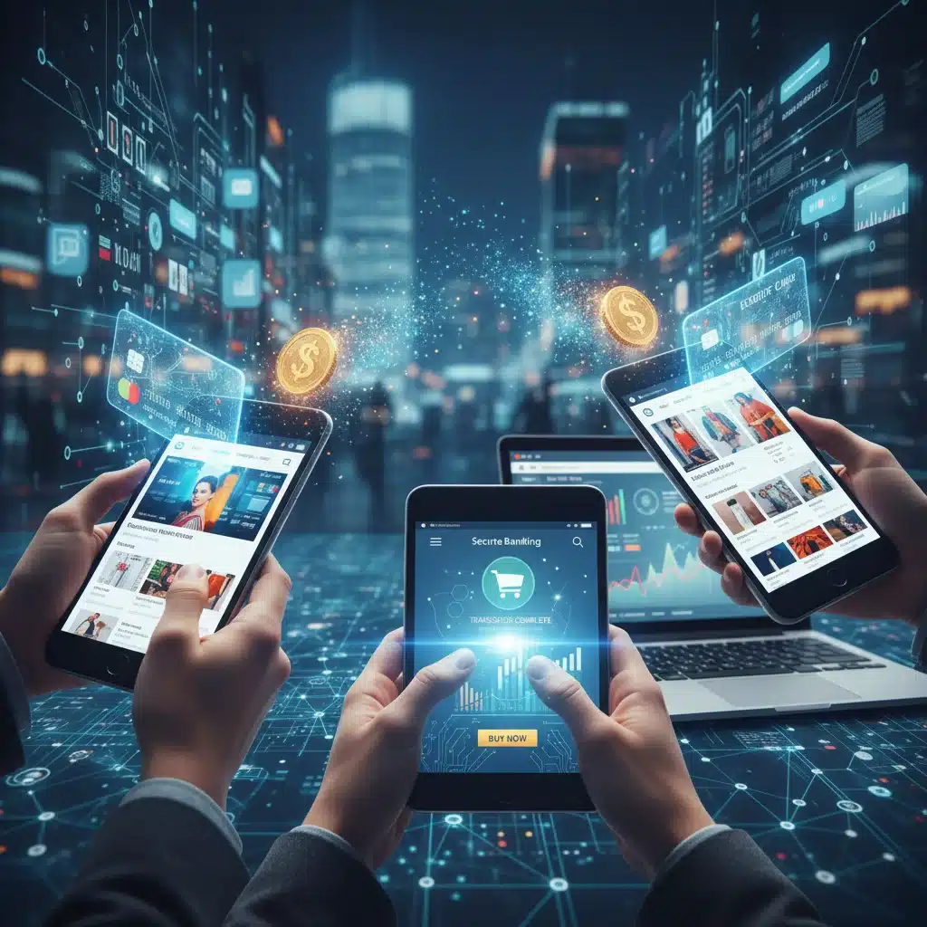 Digital transactions and online shopping symbolizing evolving consumer spending habits.