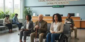 Diverse individuals awaiting assistance at a Social Security Administration office for disability benefits.