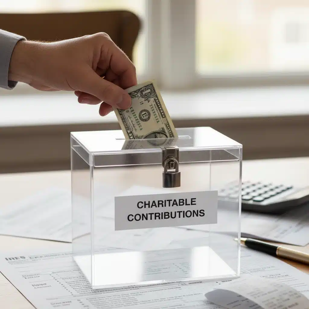 Hand placing donation into box, with tax forms and calculator in background, symbolizing record-keeping for charitable giving deductions.