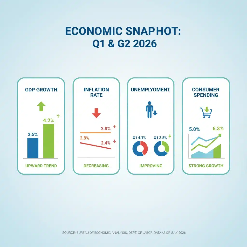 Infographic displaying key US economic indicators for Q1 and Q2 2026.