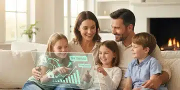 Happy family reviewing financial documents on a tablet, understanding child tax credit.