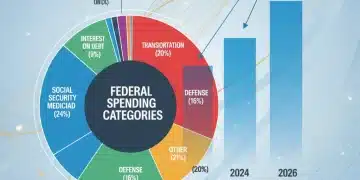 Infographic showing US federal budget allocations and projected national debt increase by 2026.
