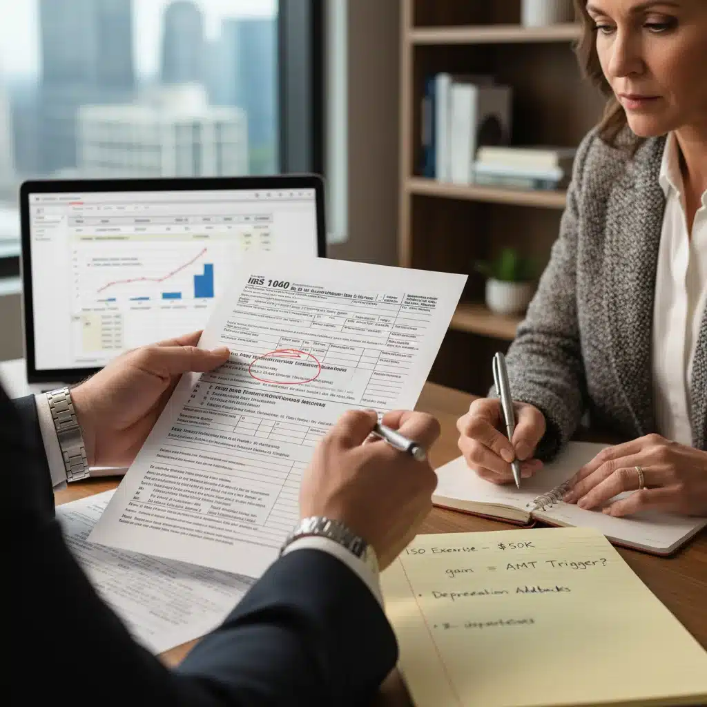 Financial advisor explaining AMT triggers on a tax form to a client