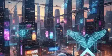Futuristic cityscape with digital data flows, symbolizing technological innovation and economic growth in the US.