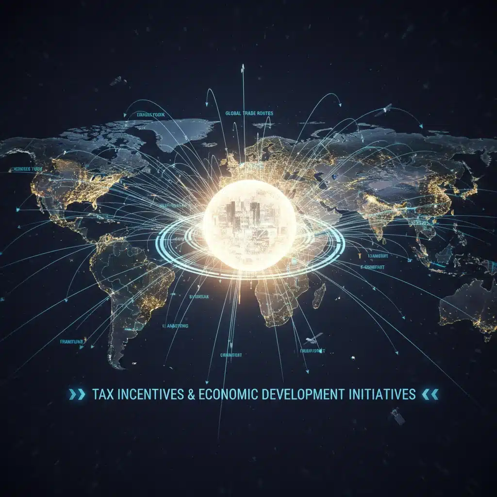 Global city network with glowing connections, representing international trade and economic development from tax incentives.