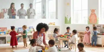 Happy children and teacher in a modern child care center